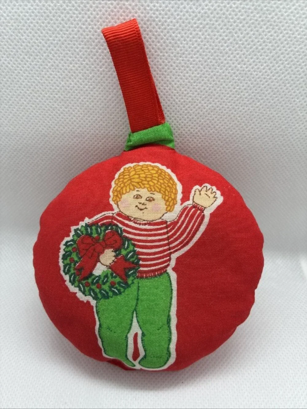 Vintage Handmade Cloth Christmas Ball Ornament 80s Patch Kid Red Green